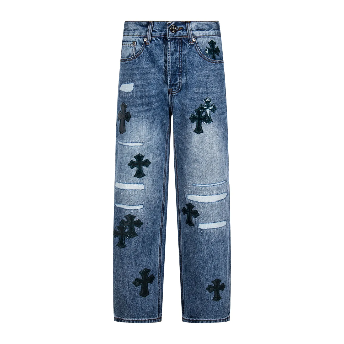 P280 (Higher version, evergreen style) Chrome Hearts/Chrome Hearts 25FW CH Blue Pants Starry Sky Hole Laminated Cross Bamboo Jeans. It adopts starry sky theme leather elements, mostly presented in the shape of a cross, with glitter on the leather surface. Unique design with simple and elegant details, exquisite workmanship, neat lines of the entire trousers, and perfect details! It’s also so cool that both men and women can easily control it. It’s a gender-neutral trendy up version. Style number: 1766# Color: blue Size: 28 30 32 34 36